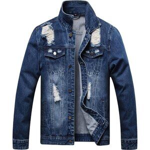 Men's Jean Jacket Distressed Slim Denim Jacket Long Sleeve Button Down Dark Blue